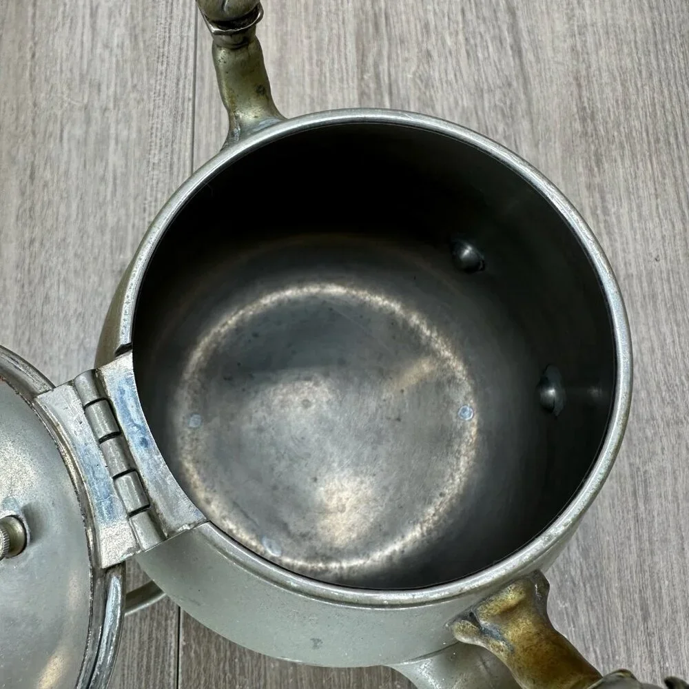 Vintage Decorative Metal Teapot with Ornate Brass Handle Hinged Lid Silver Tone